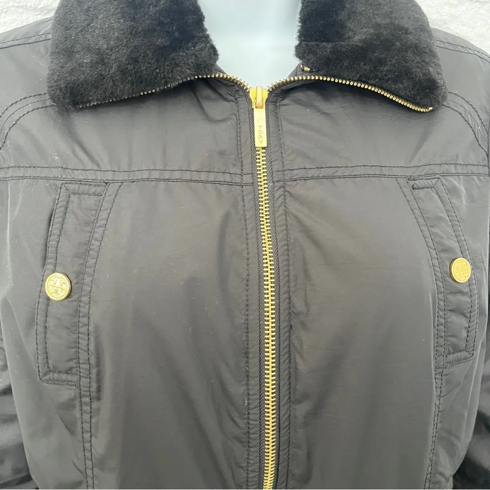 Tory Burch Black Coat with Removable Faux Fur Collar, Size 2